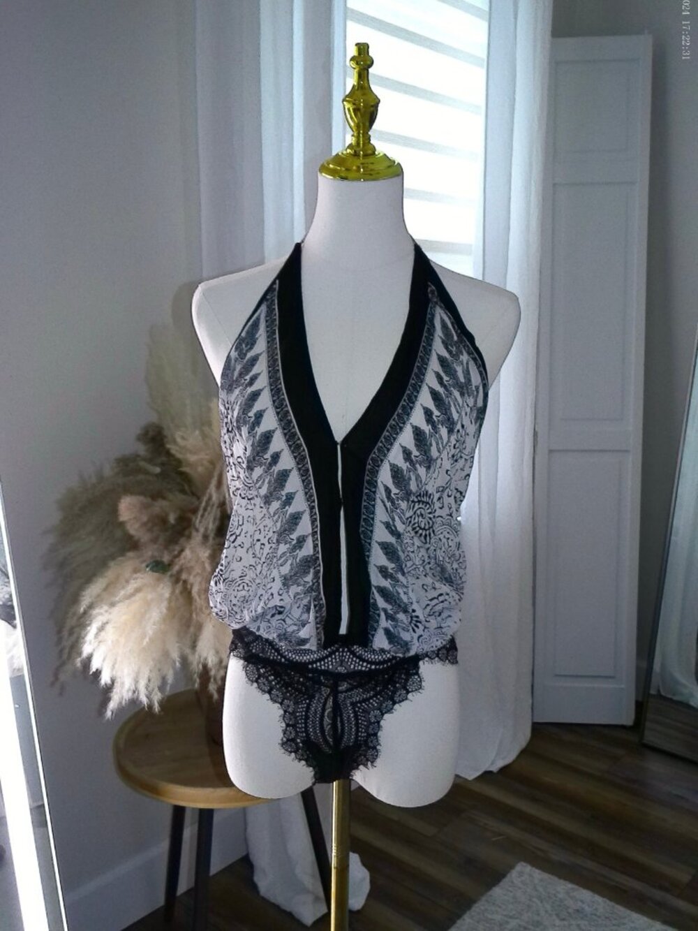 Free People Black/White Paisley Plunge Halter Bodysuit — S, Used - Good